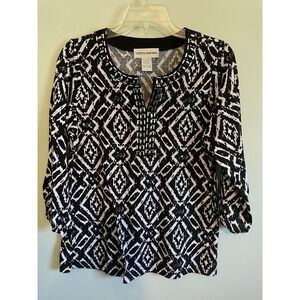 Cathy Daniels Black White 3/4 Sleeve Sequin V Neck Top Women's Size Small Office
